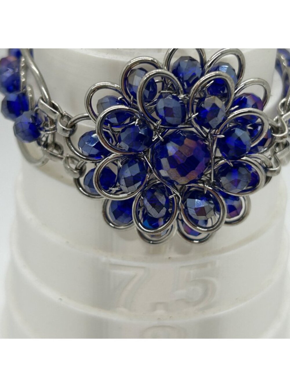 Handcrafted Silver-Tone Blue Rhinestone Crystal Floral Rosette Toggle Clasp Stat - Picture 11 of 12